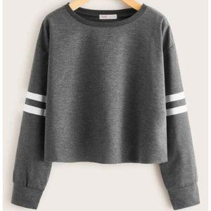 Deep Gray Drop Shoulder Varsity Striped Crop Tee